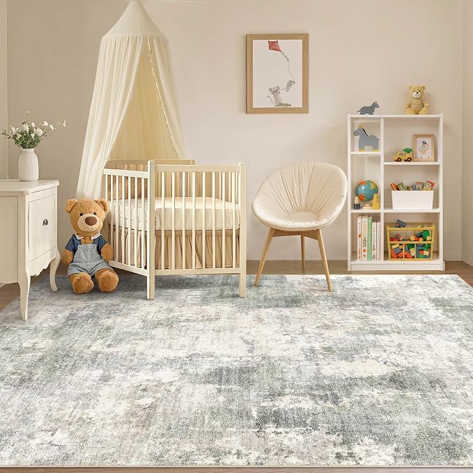 Tortania Washable 10x13 Area Rug for Living Room: Modern Abstract Neutral Large Soft Thin Rugs - Non Slip Indoor Carpet for Bedroom Dining Room Office Nursery Home Floor Decoration - Gray Green
