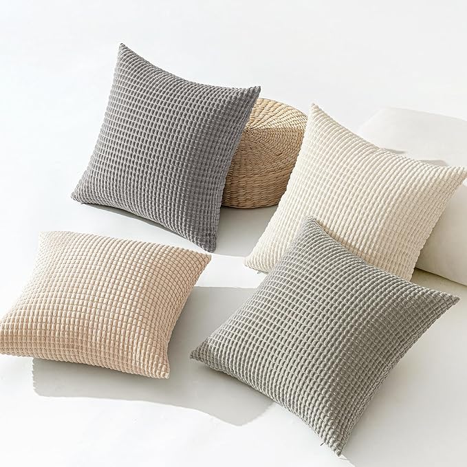 MIULEE Boho Farmhouse Decorative Pillow Covers 18x18 Inch Set of 4 Neutral | Rustic Modern Neutral Home Decor Couch Throw Pillows Corduroy Pillowcases for Sofa Living Room Bed