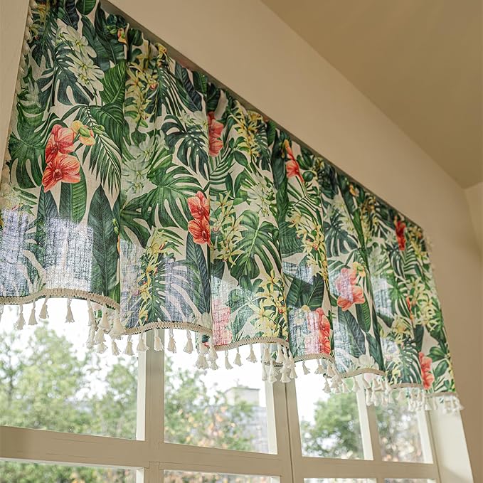 Deeprove Boho Valance Tropical Botanical Leaves Print Curtain 18 Inch Long, Green Monstera Plant Red Florals Kitchen Window Small Vintage Drape Tassels for Spring Summer Decor 1 Panel 52W x 18L