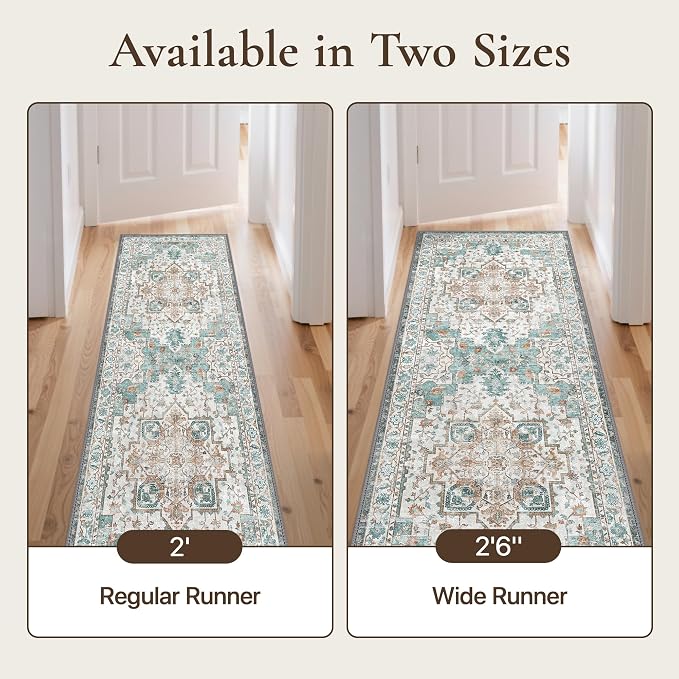 GENIMO 2‘6“x10 Runner Rugs for Hallway, Machine Washable Non Slip Vintage Rugs, Low Pile Lightweight Soft Print Rug for enrtyway, Corridor, Home Office, Kitchen, Cyan