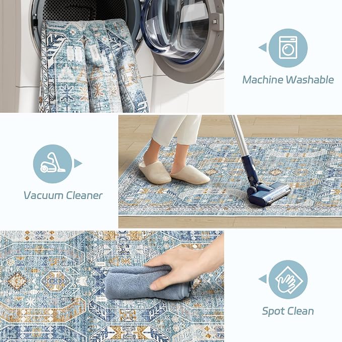 Madane Washable Runner Rugs 2x12 Long for Hallway Kitchen Soft, Blue/Gold | Non-Slip Vintage Printed 12ft Rug Runners with Rubber Backing, Low-Pile Floor Carpet Laundry Room Entryway, Corridor