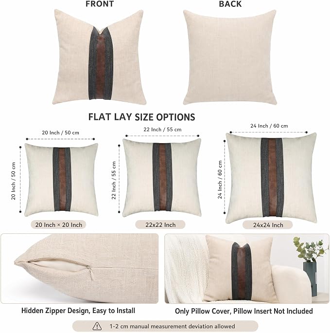 Set of 2 Leather Throw Pillow Covers Cotton Linen Decor Patchwork Pillow Cover Faux Leather Pillows Cover for Couch Sofa Living Room Bedroom,Beige 20"x20"