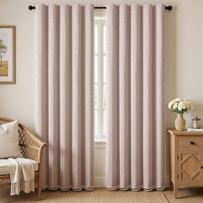 Light Brown Boho Blackout Curtains 2 Panels 84 Inch for Living Room Bedroom, Linen Texture Farmhouse Curtains with Tassels and White Cotton Embroidery Vintage Rustic Country Western