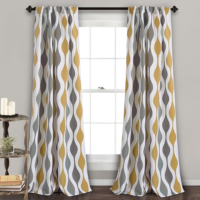 Lush Decor Mid Century Geo Light Filtering Window Curtain Panel Pair, 52" W x 84" L, Gold & Gray