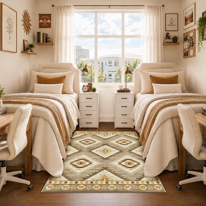 BESTSWEETIE Area Rug 4x6 Rug Machine Washable Non-Slip Low Pile Print Pattern Western Rug for Living Room Bedroom Entryway Tribal Series -Cream/Camel