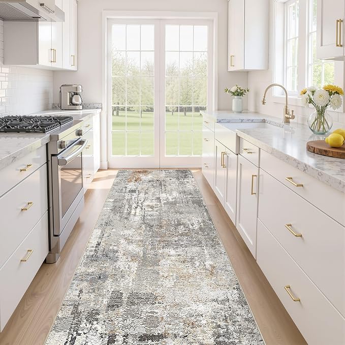 Runner Rug Kitchen Washable Rugs: 3x10 Non-Slip Abstract Soft Modern Stain Resistant Indoor Floor Neutral Accent Throw Carpet for Hallway Bathroom Laundry Room Entryway Bedroom- Gray Rust
