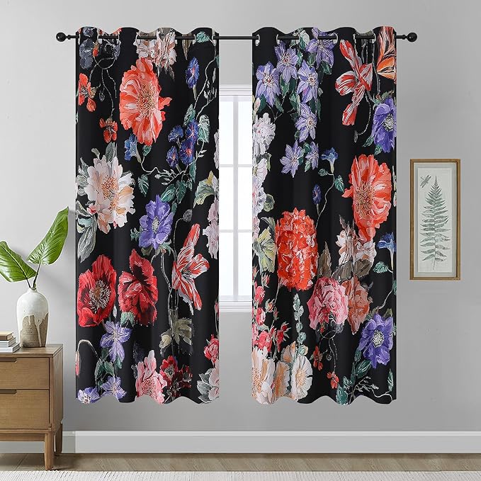 Estelar Textiler Boho Floral Blackout Curtains 72 Inches Long 2 Panels,Morning Glory Pattern Thermal Insulated Room Darkening Window Grommet Drapes for Living Room,52" Wx72 L