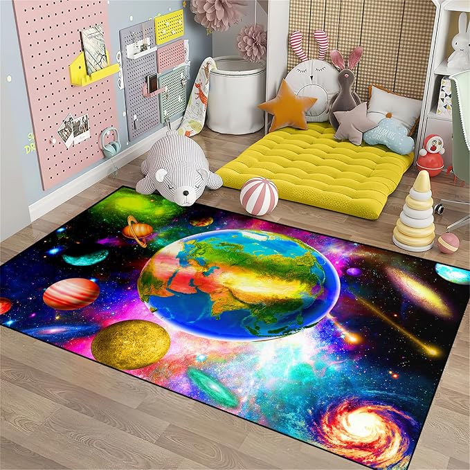 Solar System Rug - Space Rug Galaxy Area Rugs for Kids Bedroom Colorful Universe Planet Print Carpet Outer Space Floor Mat Kids Rugs for Living Room,4'5''×6'
