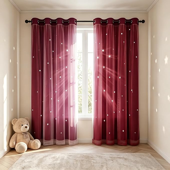 Kids Blackout Curtains for Bedroom/Living Room/Classroom, Sheer Overlay 2 Free Tiebacks, Double Layer Curtains with Star Cutout for Kids Room(Each Piece W 70 x L 95 Inches 2 Pcs Red)