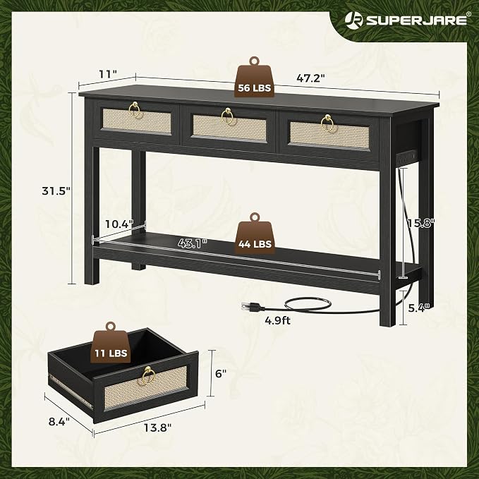 SUPERJARE Rattan Console Sofa Table with Outlets and USB-C Port, 3 Drawer Entryway Table with Synthetic Rattan Surface, Open Shelf, Behind Couch Entry Foyer Hallway Storage, Black