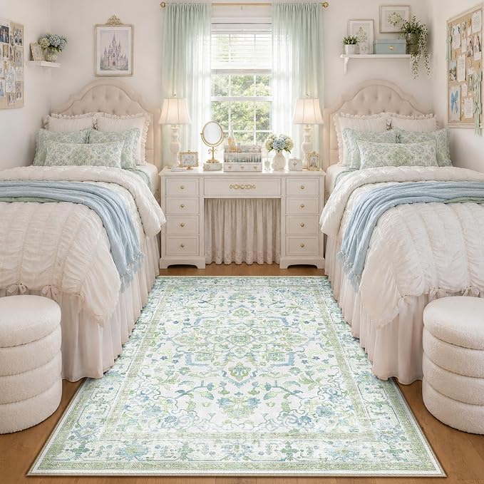 CAPALOCA Machine Washable Rugs Nursery Rug 4x6 Cute Girl Non Slip Low Pile Water Repellent Soft Print Pattern for Bedroom Indoor Decor Kids Playroom Green Blue