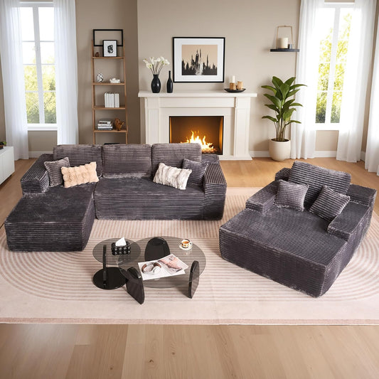 HOOOWOOO Cloud Sectional Couches for Living Room,Modular Sectional Sofa No Assembly,Plush Corduroy Large Floor Couch Furniture Set with Deep Seat Left L Shape and Chaise Lounge(Gray)