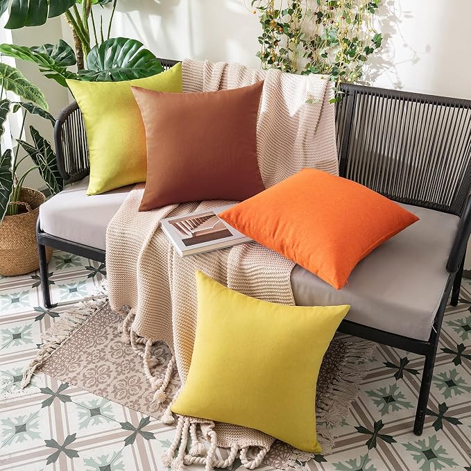 MIULEE Pack of 2 Decorative Outdoor Solid Waterproof Throw Pillow Covers Faux Linen Garden Farmhouse Cushion Cases for Summer Patio Tent Balcony Couch Sofa 12x12 Inch Bright Orange