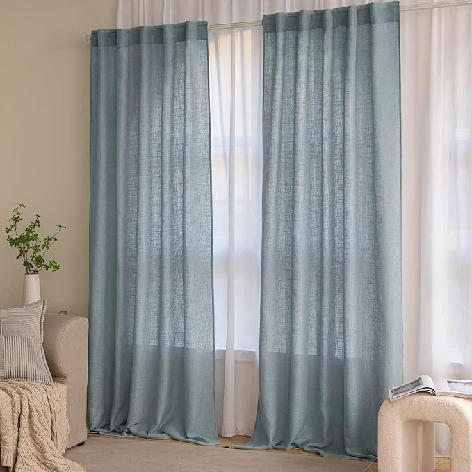 MIULEE Dusty Blue Linen Curtains 108 Inches Long 2 Panels for Bedroom Living Room, Soft Thick Linen Textured Window Drapes Semi Sheer Light Filtering Back Tab Rod Pocket Light Blue Decor