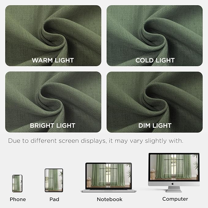 Joydeco Linen Curtains 72 Inch Length 2 Panel Sets,Light Filtering Curtains for Bedroom 52 Inch Wide Living Room Drapes with Back Tabs & Rod Pockets (W52 x L72 Inch, Loden)