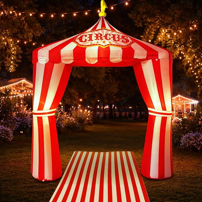 10ft Carnival Circus Tent Party Decorations, Red and White Striped Inflatable Arch with Build in LED Lights, Blow Up Tent and Floor Runner for Circus Carnival Halloween Birthday Party Decorations