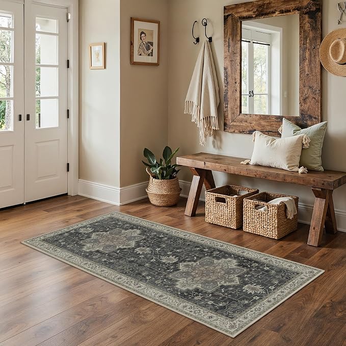 GENIMO 2x10 Runner Rugs for Hallway, Machine Washable Non Slip Vintage Rugs, Low Pile Lightweight Soft Print Rug for enrtyway, Corridor, Home, Office, Kitchen, Muted Charcoal Beige