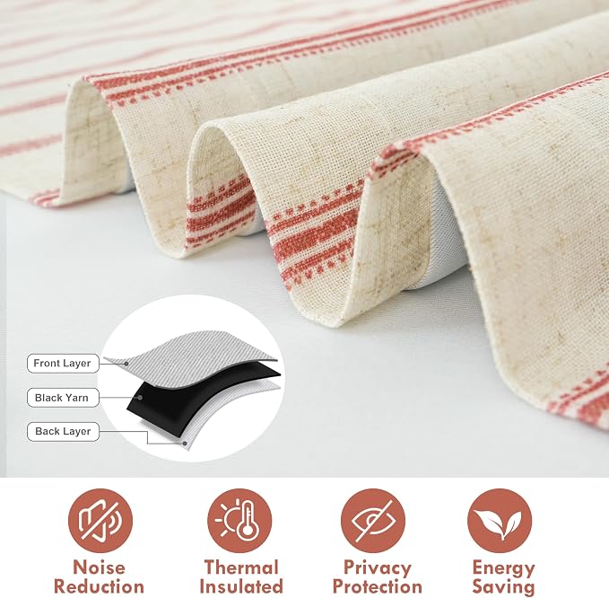 DriftAway Farmhouse Linen Lined Valance Double Layer Thermal Insulated Room Darkening Blackout Window Valances 3 Inch Rod Pocket Vertical Striped Kitchen Valance for Bathroom Single 52 x 18 Inch Red