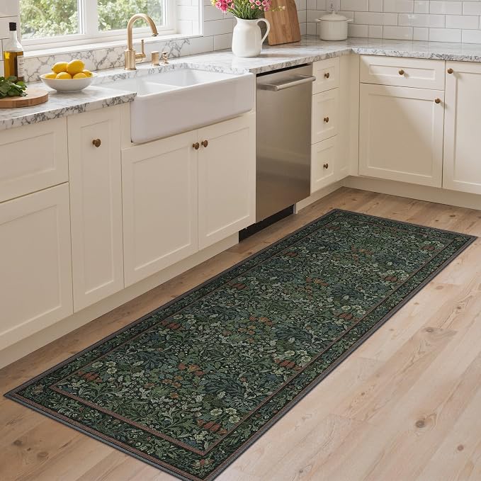 GENIMO 2x5 Washable Kitchen Runner Rug, Non Slip Hallway Mat, Dark Green | Vintage Boho Floral Low Pile Thin Mat for Entryway, Kitchen, Bedroom, Indoor Decor