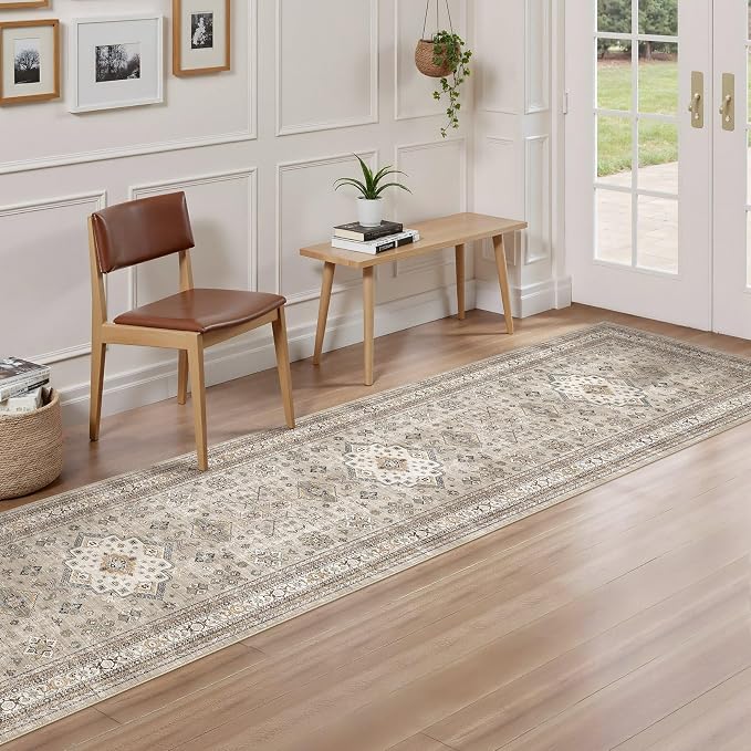 Vintage Hallway Runner Rug 2x6: Large Soft Washable Entryway for Kitchen Laundry Room Non-Slip Backing Runner for Entrance Living Room Bedroom Bathroom - Beige