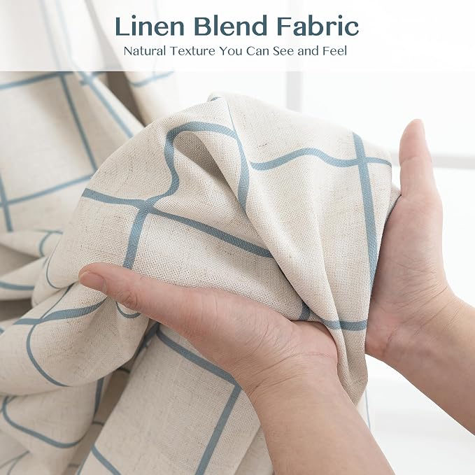 THREE GIRLS Pinch Pleated Plaid Curtains Blackout Linen Gingham Blue Curtains for Living Room,Bedroom Checkered 102 Inches Long Double Layer 2 Panels Set Luxury and Modern Printed Design Darkening