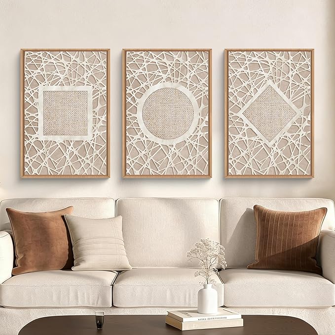 Large Abstract Boho Neutral Shapes Framed Canvas Wall Art,Modern Geometric Circle Square Rhombus Wall Decor,Mid Century Artwork for Living Room,Bedroom,Office-16 x24 x3