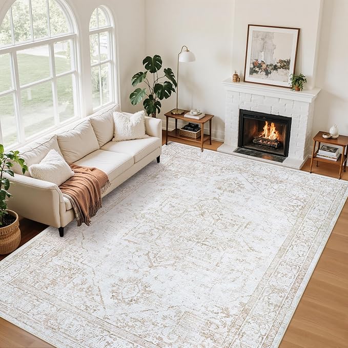 5x7 Area Rugs for Bedroom:Beige Washable Vintage Medallion Rug Non-Slip Soft Low Pile Large Rugs Indoor Retro Carpet for Living Room Kitchen Nursery Dining Table Office (Beige, 5'x7')
