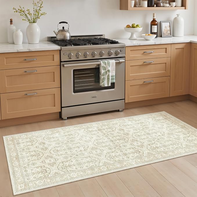 Soalmost Runner Rug 2x5 Washable Non-Slip Kitchen Runner Rugs for Bathroom Laundry Room Beige/Brown Vintage Floor Carpet Runners for Hallway Entryway