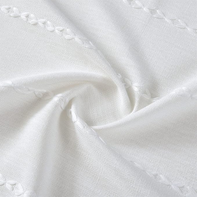 RoomTalks White Boho Farmhouse Kitchen Curtains 45 Inch Length French Striped Modern Vintage Chic Textured Tassel Charcoal Short Cafe Curtains for Small Window Kitchen Bathroom Decor