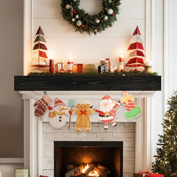 Acovy Floating Fireplace Mantel Shelves, 48x8x5 Inches Natural Wooden Floating Shelf for Over Fireplace, Wall-Mounted Mantel Shelf for Living Room and Home Decor, Black