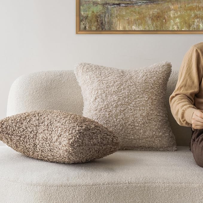Foindtower Set of 2 Curly Teddy Wool Pillow Covers Decorative Boucle Textured Lumbar Throw Pillow Faux Fur Pillowcases Sheepskin Cushion Case for Sofa Bedroom Car 12"x20" Khaki