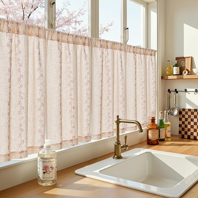 jinchan Katy Linen Floral Kitchen Curtains 36 Inches Length Stripe Cafe Curtains Farmhouse Cottagecore Tier Small Window Drapes for Living Room Light Filtering Rod Pocket 2 Panels Terracotta on Linen