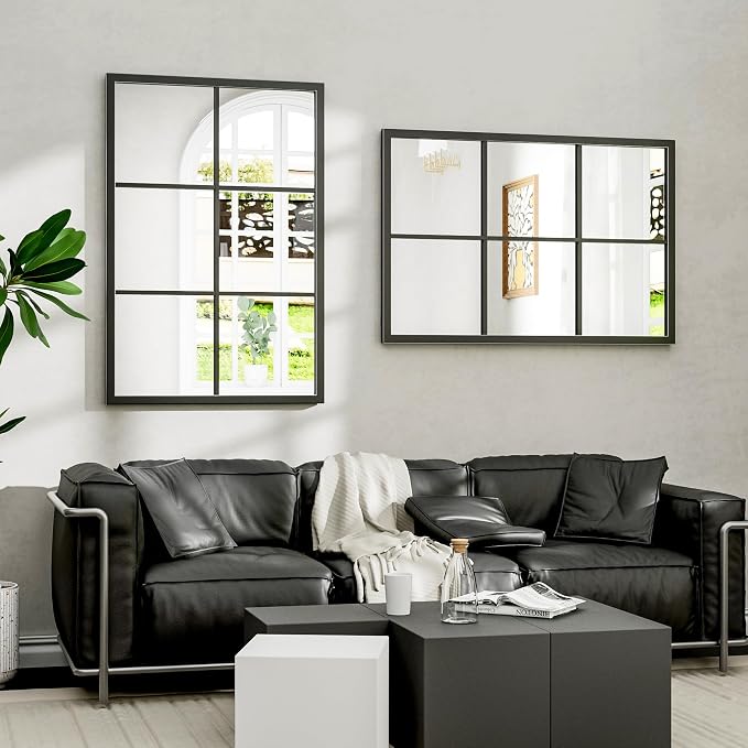 Dewfig Rectangle Wall Mirror, Window Mirror Wall Mounted, 24"x36"in Window Pane Mirrors, Large Black Mirrors for Hanging or Leaning Against Wall Bedroom Vanity Living Room Fireplace Entryway,Black