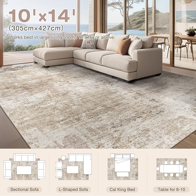 Abstract 10x14 Area Rug: Machine Washable Non Slip Ultra Thin Low-Pile Carpet, Soft Stain Resistant for Living Dining Room Bedroom, Kid Pet Friendly, Robot Vacuum Compatible - Brown
