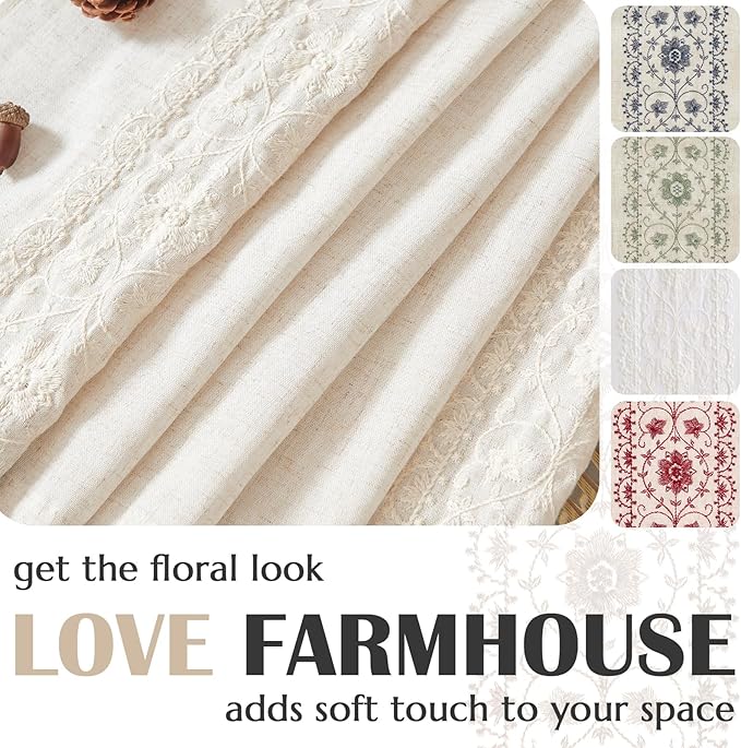 jinchan Weslie Boho Curtains for Bedroom Ivory Vintage Floral Farmhouse Curtains 96 Inches Long Linen Drapes for Living Room Embroidered Light Filtering Drapes Rod Pocket Ivory on Beige 2 Panels