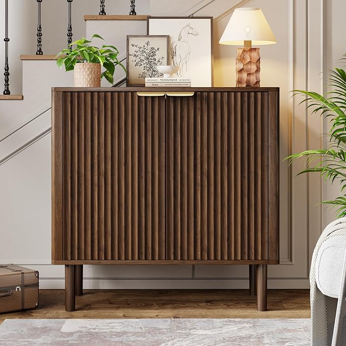 IKALIFE Sideboard Buffet Cabinet with Storage, Modern Fluted Accent Credenza with Doors & Adjustable Shelves, Wood Coffee Bar Console Table for Living Room, Dining Room, Kitchen, Entryway 31.5"Walnut