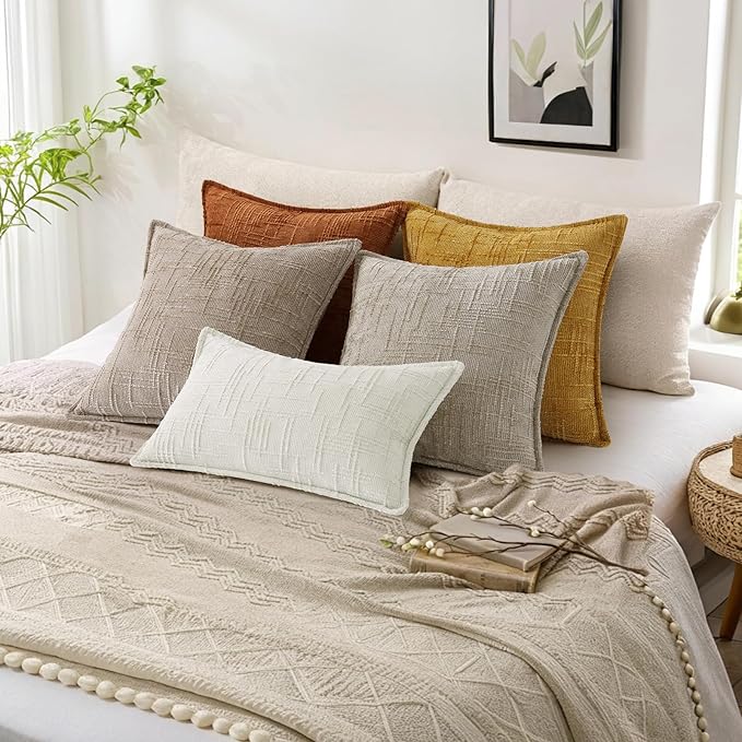 decorUhome Chenille Throw Pillow Covers 26x26 Set of 2, Soft Textured Slubby Modern Decorative Pillow Covers with Elegant Design for Couch, Sofa, Living Room, Light Brown