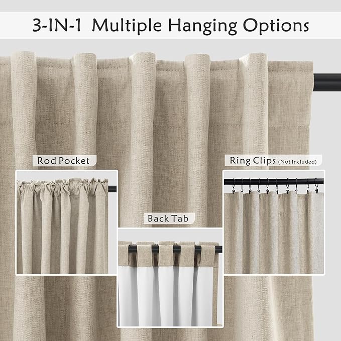 UHITECH Linen Blackout Curtains 102 Inch Long 2 Panels Set Thermal Living Room Black Out Curtains for Bedroom Nursery Modern Farmhouse Darkening Drapes for Windows