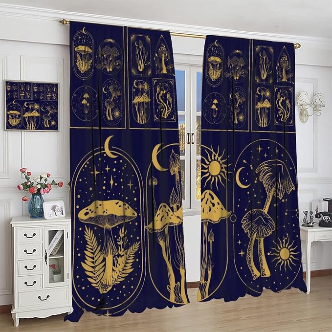 Mushroom Curtains,Boho Style Mystical Plant Sun Moon Print Window Treatments for Bedroom Living Room Kitchen Purple Herbs Window Drapes 2 Panels Set,Total Size 72 x 63 Inch
