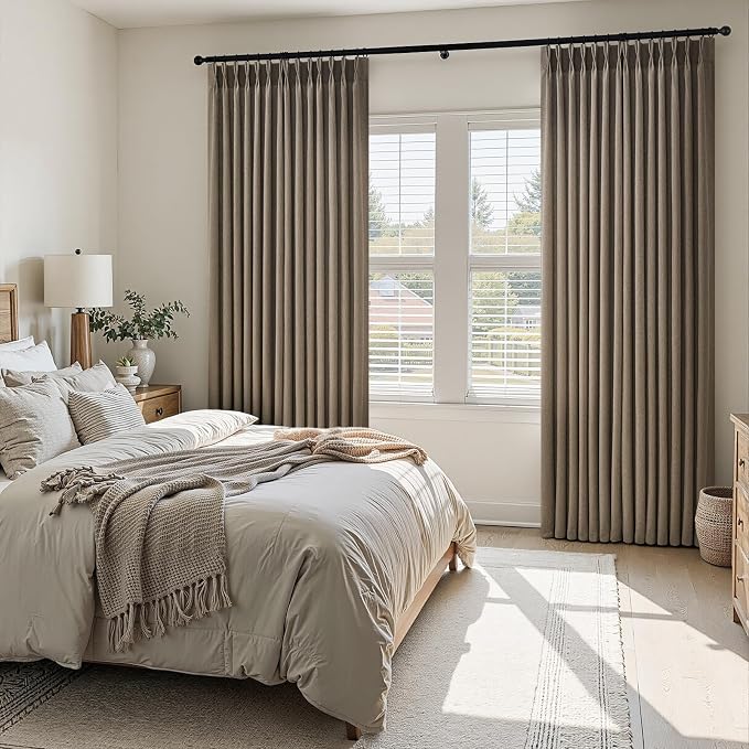 Dark Flax Pinch Pleated Linen Curtains 105 Inch Length 2 Panels for Living Room Bedroom Semi Sheer Window Curtain Boho Neutral Back Tab Pinch Pleat Drape with Hooks 105 Inches Long