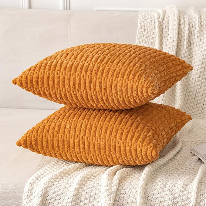 MIULEE Fall Pack of 2 Burnt Orange Corduroy Decorative Pillow Covers 20x20 Inch Soft Boho Striped Throw Pillow Covers Modern Farmhouse Home Decor for Sofa Living Room Couch Bed