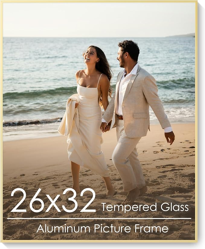 26x32 Metal Picture Frame, Aluminum Poster Frame with Real Glass, Gold | Elegant Gold 32x26 Frame with Tempered Glass for Wall Display, Posters, Art & Photos | Wall Kit Included