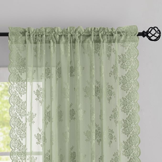 Kotile Sage Green Sheer Curtains 96 Inches Long, Country Rustic Floral Lace Curtains for Living Room Bedroom, Rod Pocket Privacy Green Sheer Lace Curtains, 52 x 96 Inch, 2 Panels, Sage Green