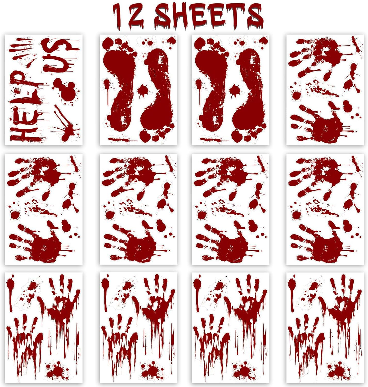 Halloween Window-Clings-Decorations Bloody-Handprint-Footprint Stickers, Scary Halloween Party Indoor/Outdoor Decoration, for Windows, Car - 12 Sheets