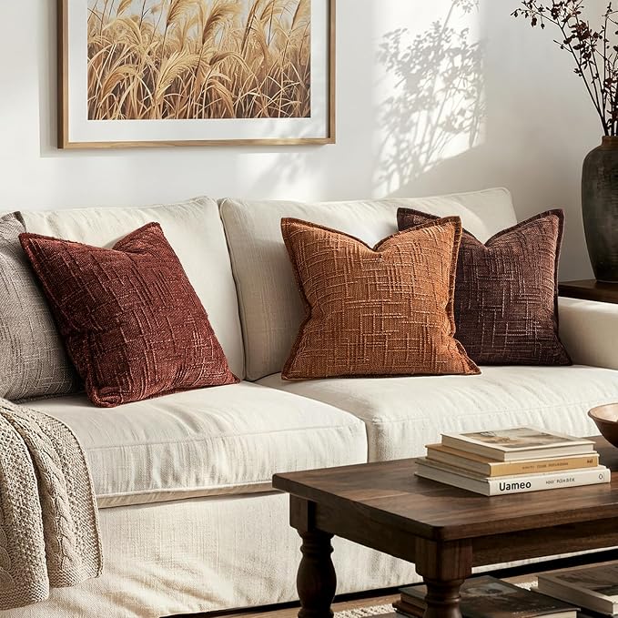 MIULEE Slubby Textured Decorative Throw Pillow Covers 20x20 Inch Set of 2 Boho Farmhouse Soft Cozy Chenille Pillows Cushion Cases Modern Fall Home Decor for Couch Sofa Bed Living Room, Rust