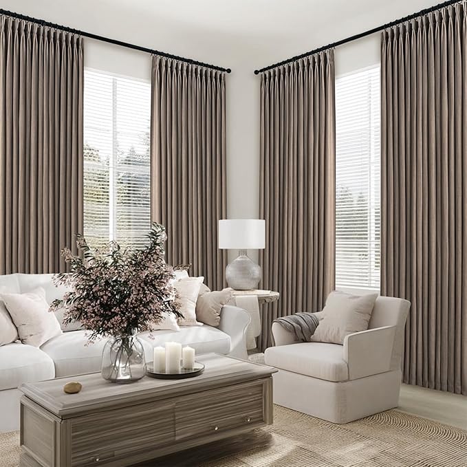 95 Inches Long Pleated Sheer Curtains,Dark Linen Blended Light Filtering Window Curtains 95 Length 2 Panels for Living Room Bedroom Pinch Pleat Drapes with Hooks 2 Panels 40" Wx95 L,Light Brown