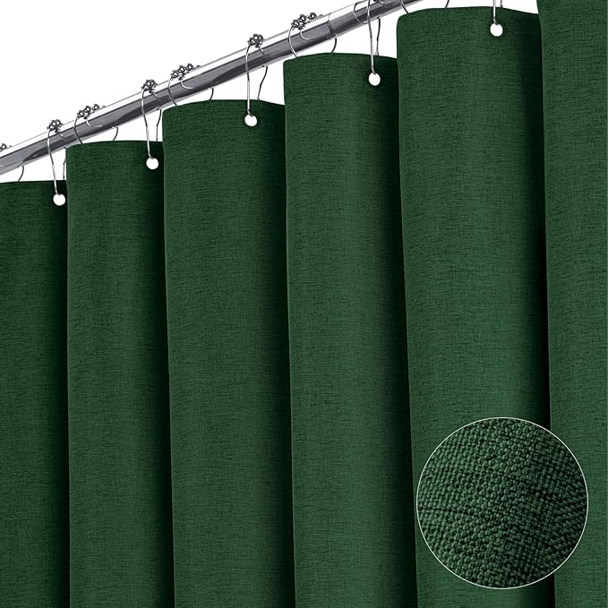 BTTN 60 Inch Stall Fabric Shower Curtain - Linen Textured Heavy Duty Shower Curtain Set with 10 Plastic Hooks, Narrow Waterproof Decorative Curtains for Bathroom and Bathtubs - 60x72 - Emerald Green