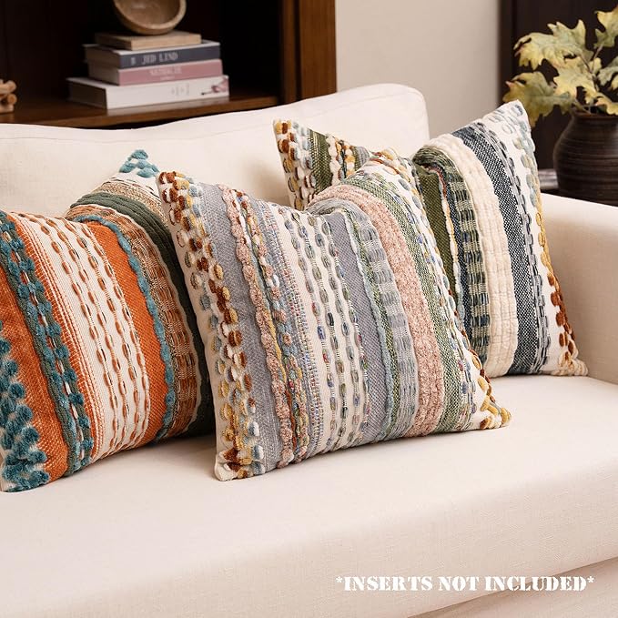 Boho Chenille Tufted Throw Pillow Covers 18x18 Inch Set of 2 Farmhouse Colorful Woven Striped Decorative Pillowcases for Couch Sofa Bed