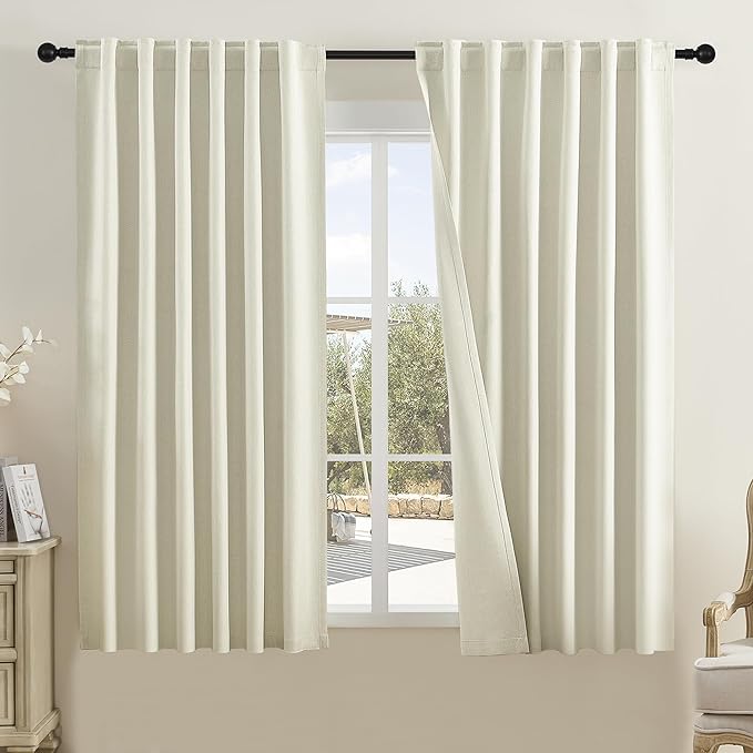 DUALIFE Beige Curtains 72 Inch Length 2 Panels Set-Faux Linen Textured Back Tab Loop Hook Belt Pleated Tall Drapes for Living Room Dining,50 Wide x 72 Long, 6 FT