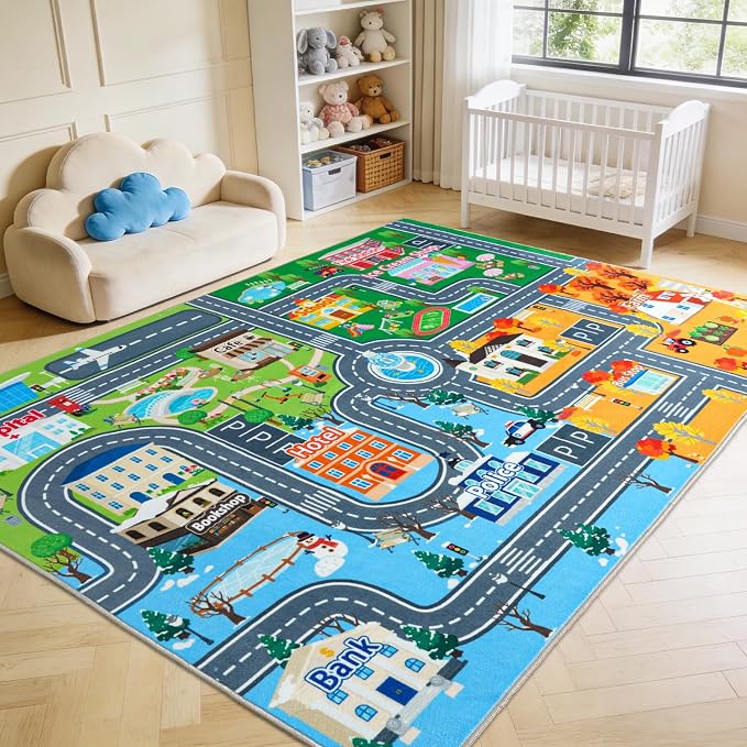 Car Rug Play Mat for Kids Toy Cars, 4' x 5' Town City Track Road Carpet, Non-Slip Machine Washable Town City Track Road Rugs Four Seasons Theme Traffic Mat for Kids Room Bedroom Game Safe Area